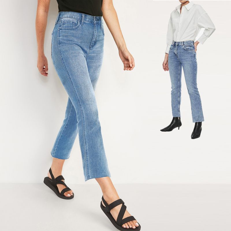 1 Piece, 5 Fold for 2 Pieces, Foreign Trade Original Garment Export USA High Waist Snowflake Blue Autumn Slimming Cut Edge, Slightly Cut Capri Jeans