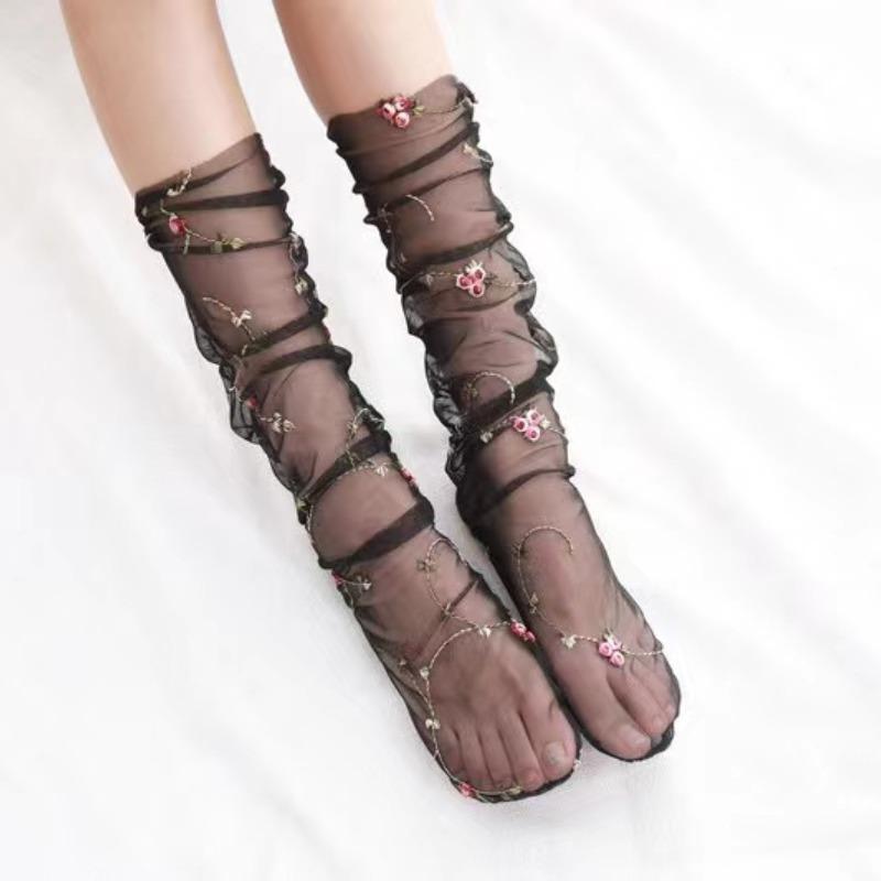 Fashion Lace Embroidery Flower Socks Women Transparent Tulle Socks Summer Thin Breathable Hosiery Mesh Gauze Floral Lace Socks