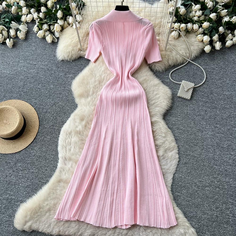 Brand Fashion Vintage Turn-down Collar Knit Maxi Dress Elegant Single-breasted A-line Long Shirt Dress Lady Party Dress