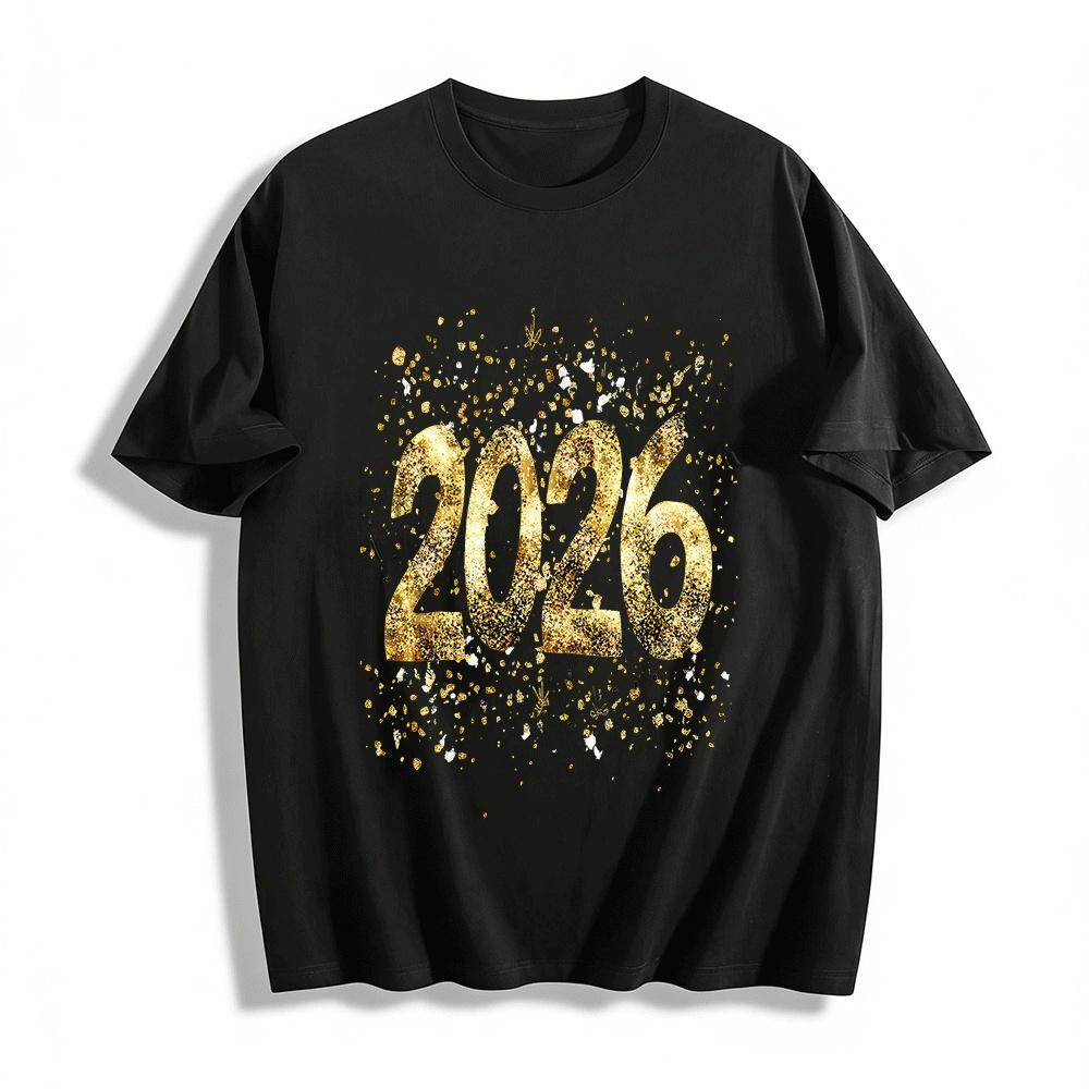 

2026 New Year Glitter Print Casual Tee Party Vibe Loose Top Pure cotton T-shirt XXS