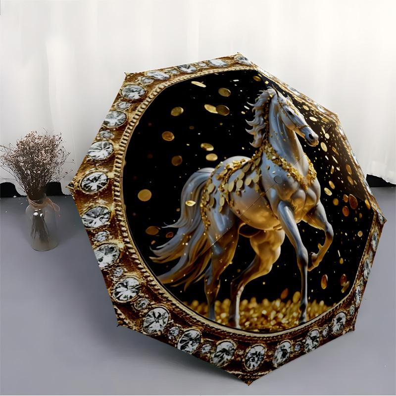 1pc Golden Horse Open/Close Folding Umbrella, All- Portable Umbrella for & Men, Stylish Accessory (Holiday Gift) 8-Rib yy251213162