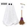 Witch Broomstick with Lights Halloween Ghost Decoration Broom, Spooky Sequins Mesh White Ghost, Cute Photo Prop Adjustable Standing for Party,