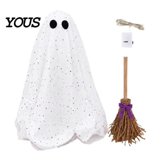 Witch Broomstick with Lights Halloween Ghost Decoration Broom, Spooky Sequins Mesh White Ghost, Cute Photo Prop Adjustable Standing for Party,
