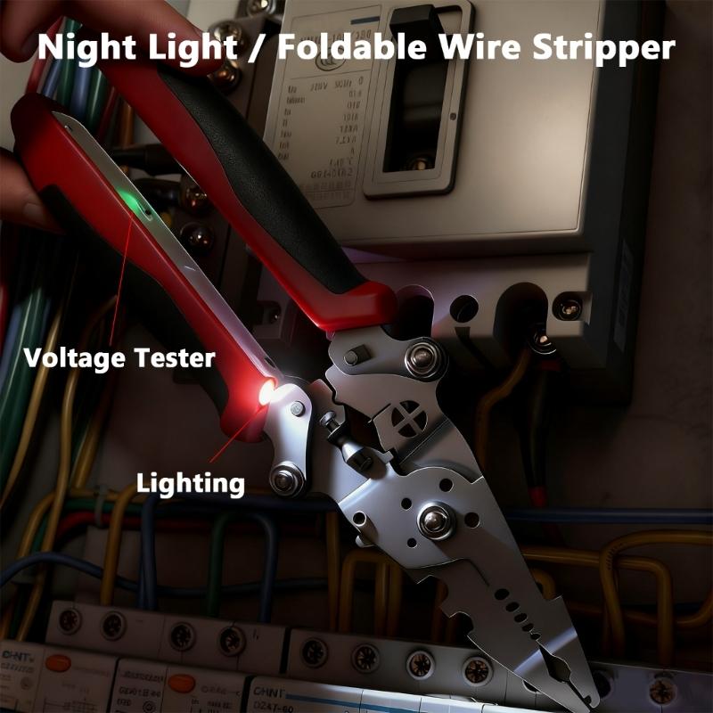 Space Saving Foldable Electrician Pliers Tool With Illumination For Wire Stripping Cutting And Crimping In Low Light
