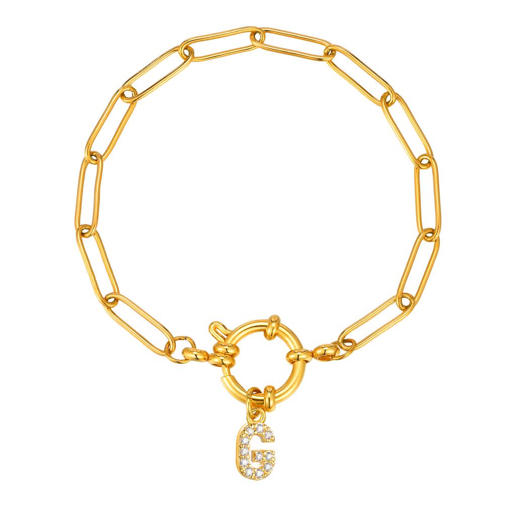 Bubble Buckle Zircon Initial A-Z Charm Bracelet, Stainless Steel Square Chain Bracelet for Women, 26 Letters Alphabet Jewelry