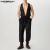 Men Deep V Neck Sleeveless Mesh Sheer Drawstring Jumpsuit See Through Rompers