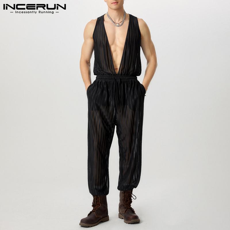 INCERUN Mono de Malla Transparente sin Mangas con Cuello en V Profundo y Cordón para Hombre
