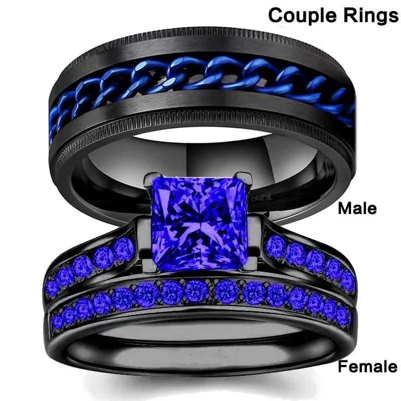 Fashion Couple Rings Romantic Women Blue Rhinestones CZ Rings Set Trendy Men Stainless Steel Rings Wedding Band Jewelry Gifts