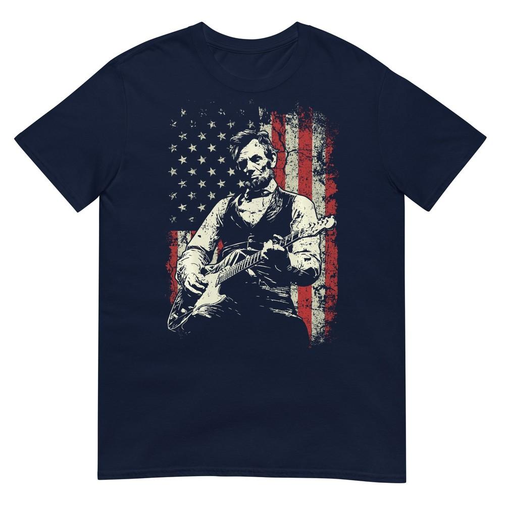 Abraham Lincoln Playing Guitar Rock And Roll American Flag Perforunisexce TShirt S