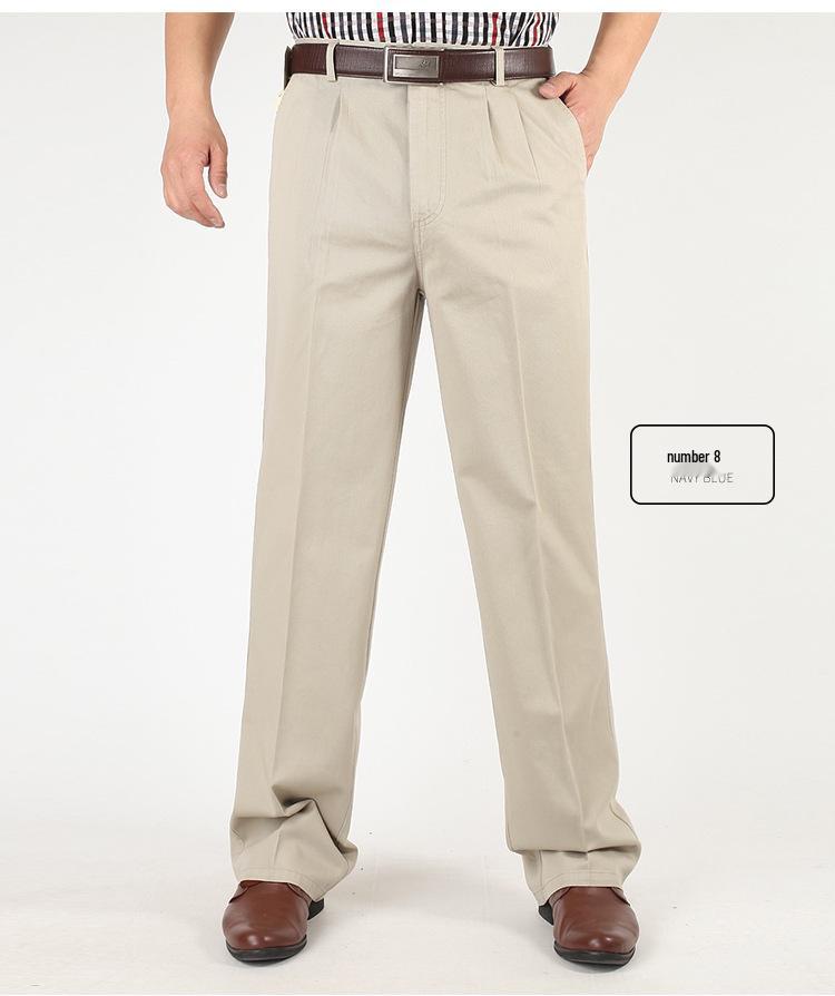 Pantaloni Casual de Vară din Bumbac cu Croială Largă pentru Bărbați - Talie Înaltă, Picior Drept, Cu Pliuri Duble pentru Bărbați de Vârstă Mijlocie și Vârstnici