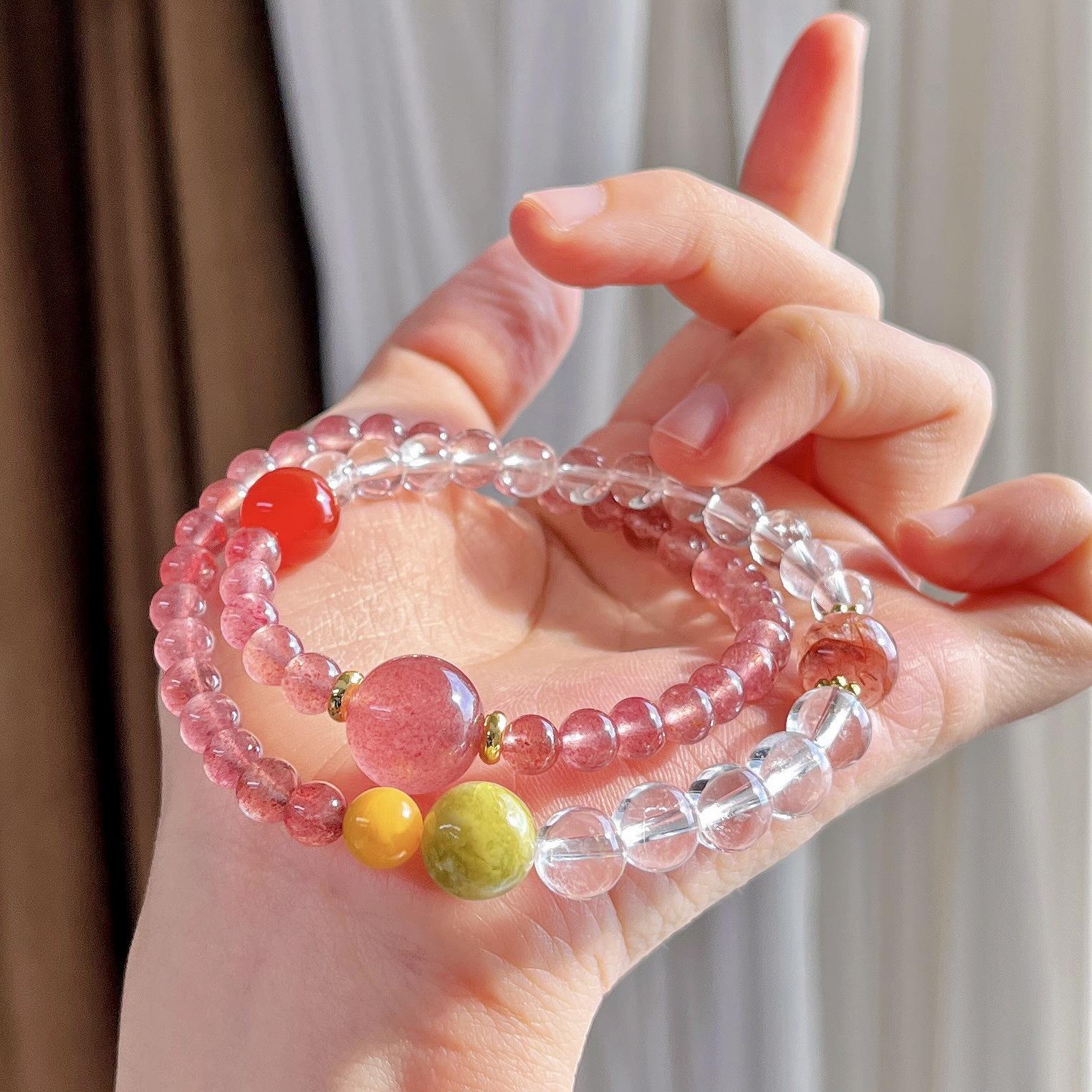 

6Mm High Quality Retro Natural Strawberry Crystal Tiger Eye Stone Beeswax White Crystal Design Bracelet Bracelet