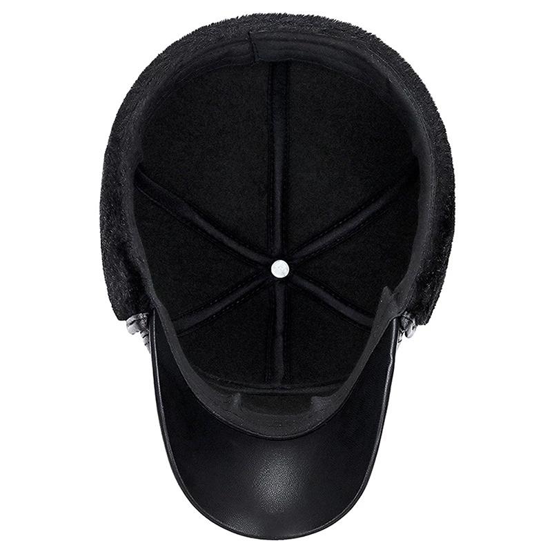 Winter Men's Leather Hat Thicken Leather Sheepskin Baseball Caps With Ears Warm Snapback Dad's Hats Sombrero De Cuero Del Hombre