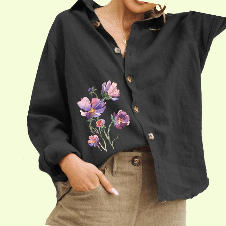Women Fashion Flower Print Blouse Ladies Casual Cotton Linen Button Down Long Sleeve Shirt