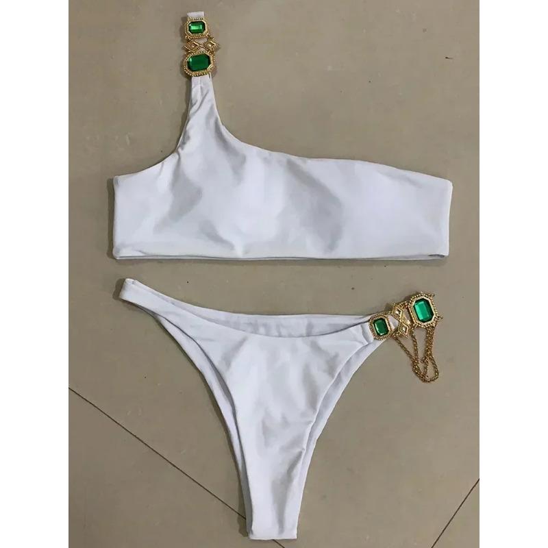 

2025 Блискуче стразове діамантове бікіні Жіночий купальник Жіночий купальний костюм Комплект бікіні з двох частин Халтер Металеві ланцюжки Купальний костюм L