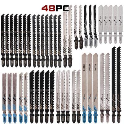 48Pcs HSS Ground Teeth Straight Cutting T-Shank Jig Saw Blades Metal Steel Wood Assorted Saw Blades Woodworking Tools Cutting
