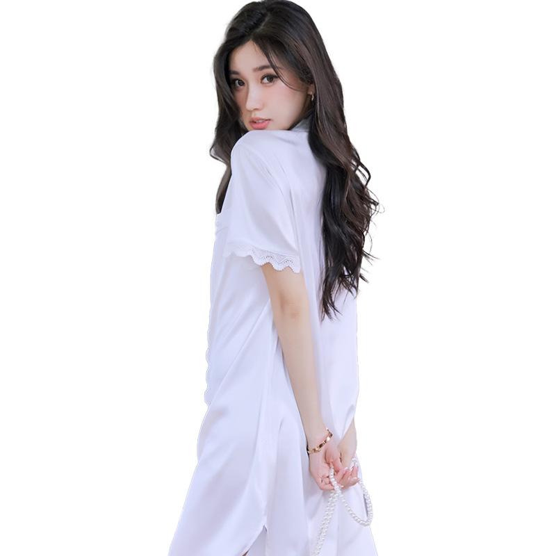 Fashion High-End Wavy Lace Short-Sleeved Shirt Summer Nightdress Women'S Sweet Wind Loungewear Can Be Worn Outside
