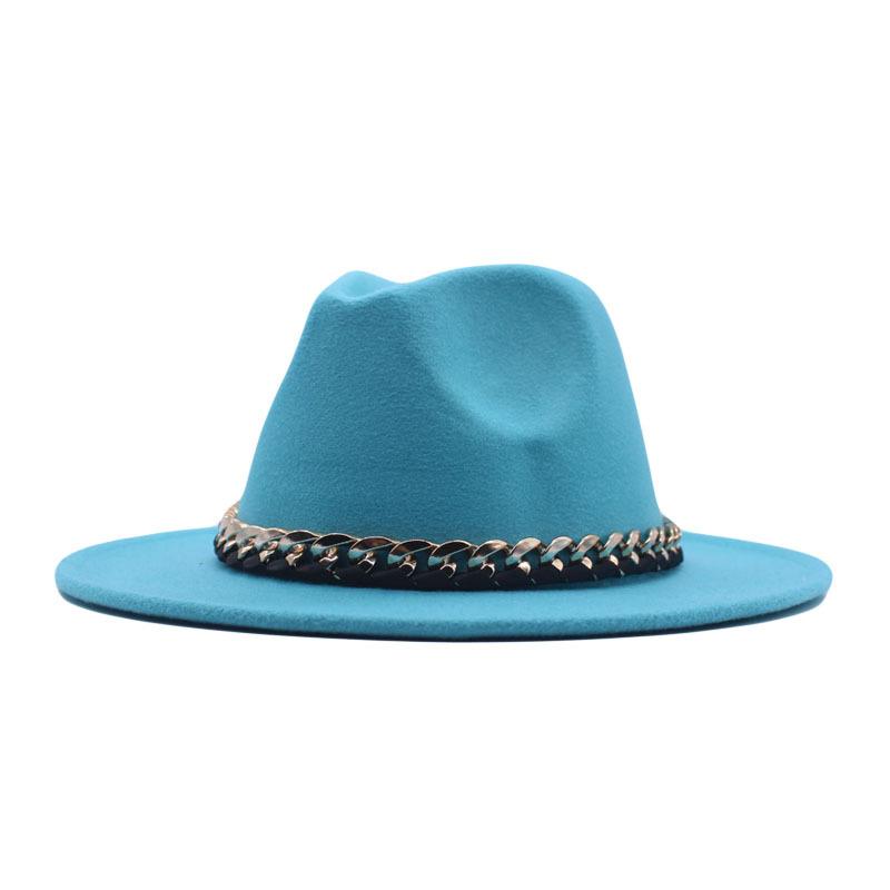 European, American Autumn and Winter British Style Fashionable and Elegant Flat-brimmed Big Eaves Hat Top Hat Men and Women Chain Jazz Woolen Hat