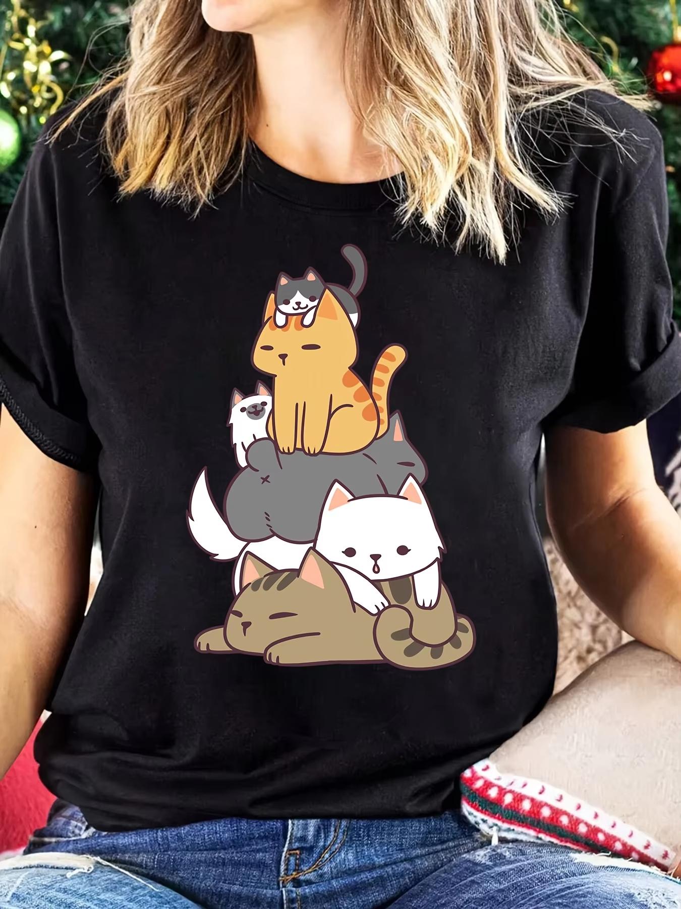 

Women Spring Summer Print Short Sleeve Crew Neck Cute Cat Lover Gift Graphic Tees Casual Daily Wear Clothing Aesthetic Clothes S