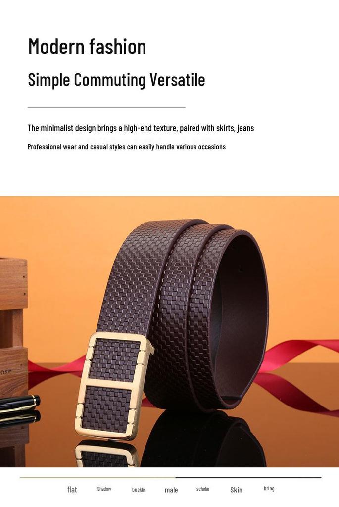 Men's Plaid Genuine Leather Belt, Pure Cowhide with Steel Smooth Buckle – Youth Business Casual Style