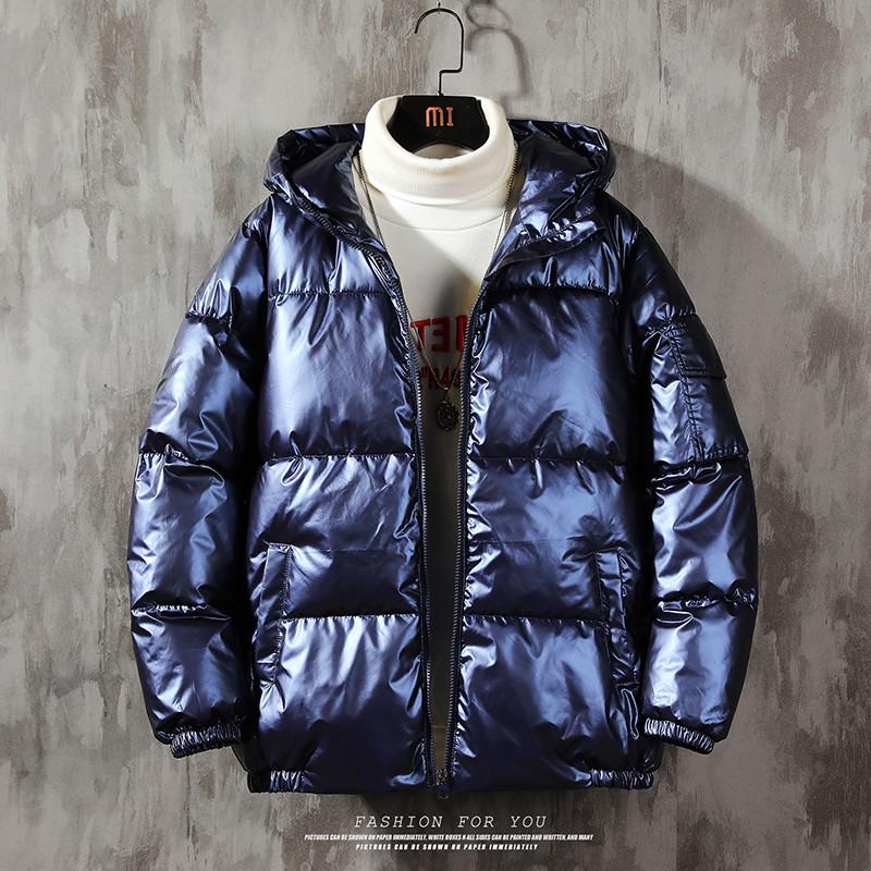 Men's Glossy Winter Hooded Cotton Jacket - Short, Thick, Loose-Fit for Cold Weather Protection