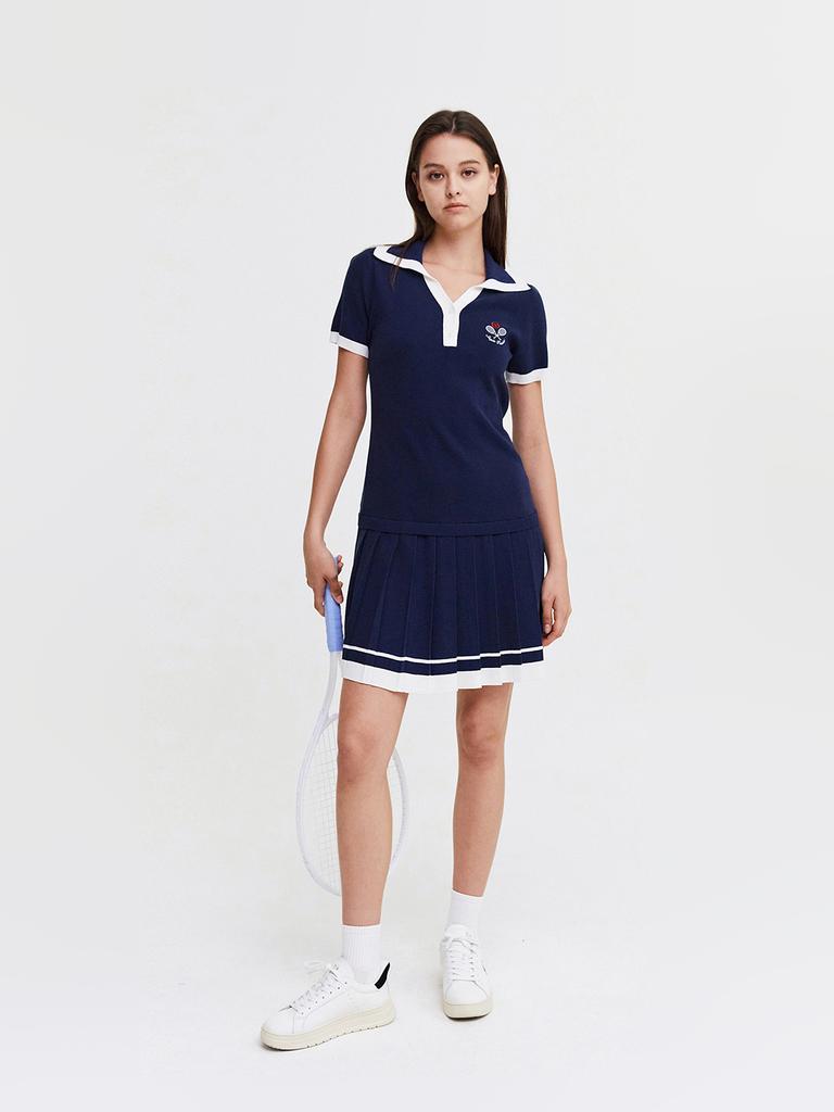 SERGIO TACCHINI W Sabatini Pleated Open Collar Short Sleeve Sweater Dress (Navy)