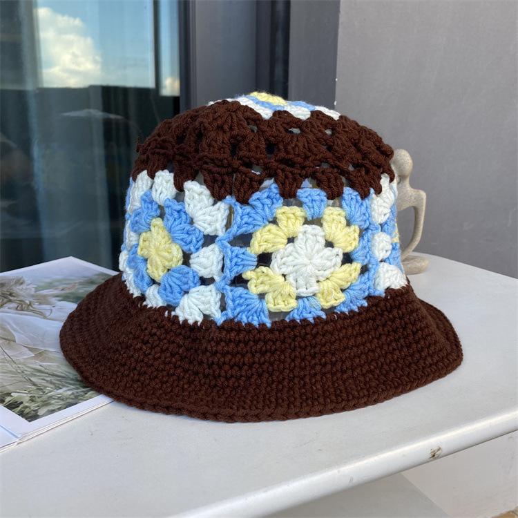 ins Hyunya wind hollow crochet color matching knitted hat female autumn and winter versatile girl show face small wool hat