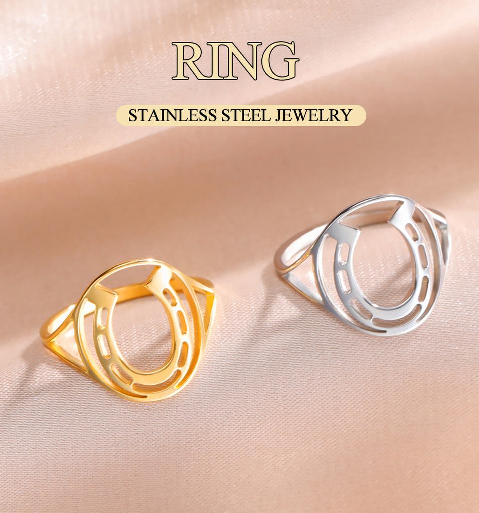 Dawapara Retro Horseshoe Ring Animal Horse Equestrian Gift Stainless Steel Wedding Band Couple Jewelry