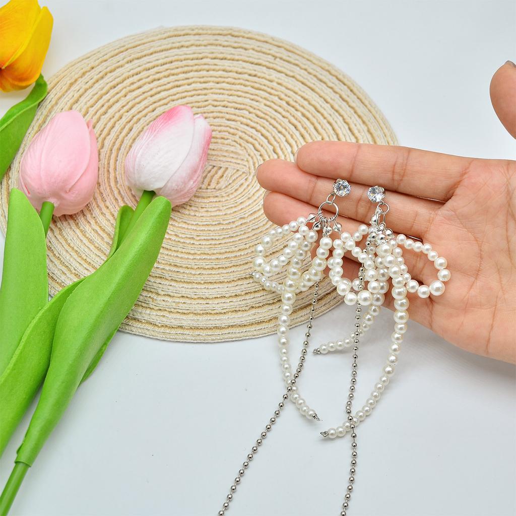 Sweet Dangle Earrings Elegant Pearl Bowknot Tassels Pendant Earrings Statement Jewelry Fashion Long Drop Earrings
