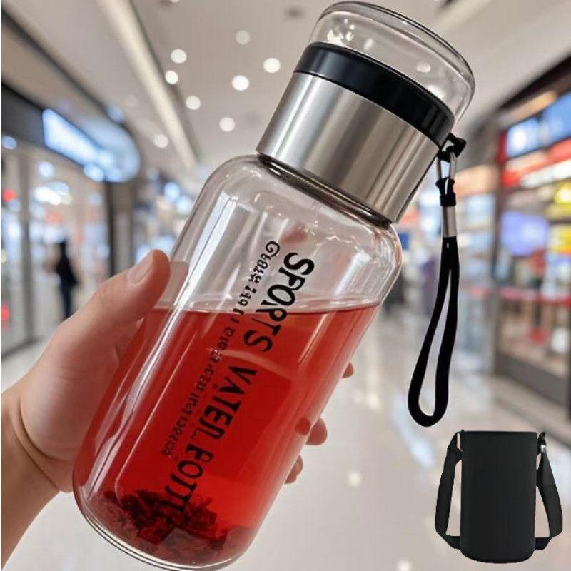 Stylish Large-Capacity Glass Tea & Water Cup with Handle, Straw, and Sleeve 1000ml прозрачный