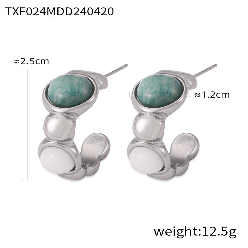 Retro Oval Stone Open Bangle & Gold-Plated Titanium Steel Earring Set for Women
