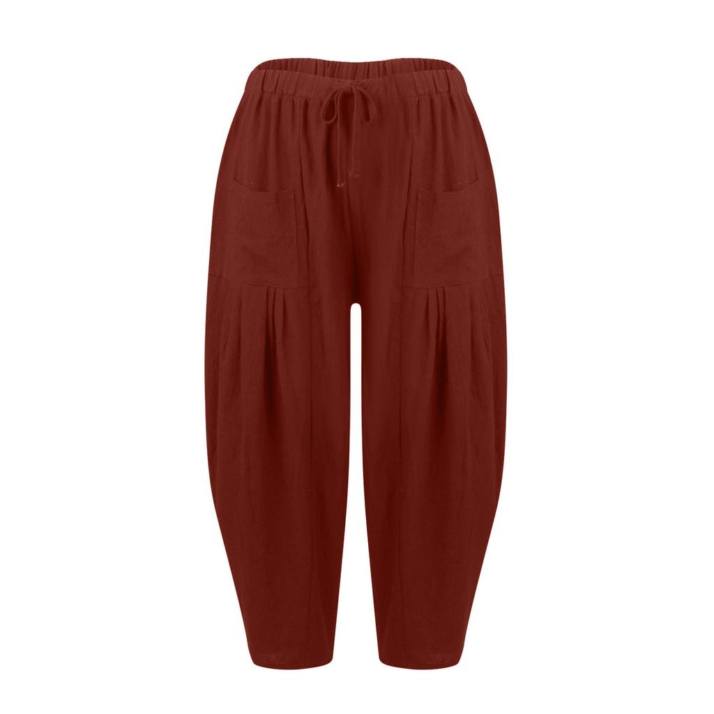 Damen Plus Size Leinenhose mit weitem Bein, mittlere Taille, Sommer-Baggy-Hose