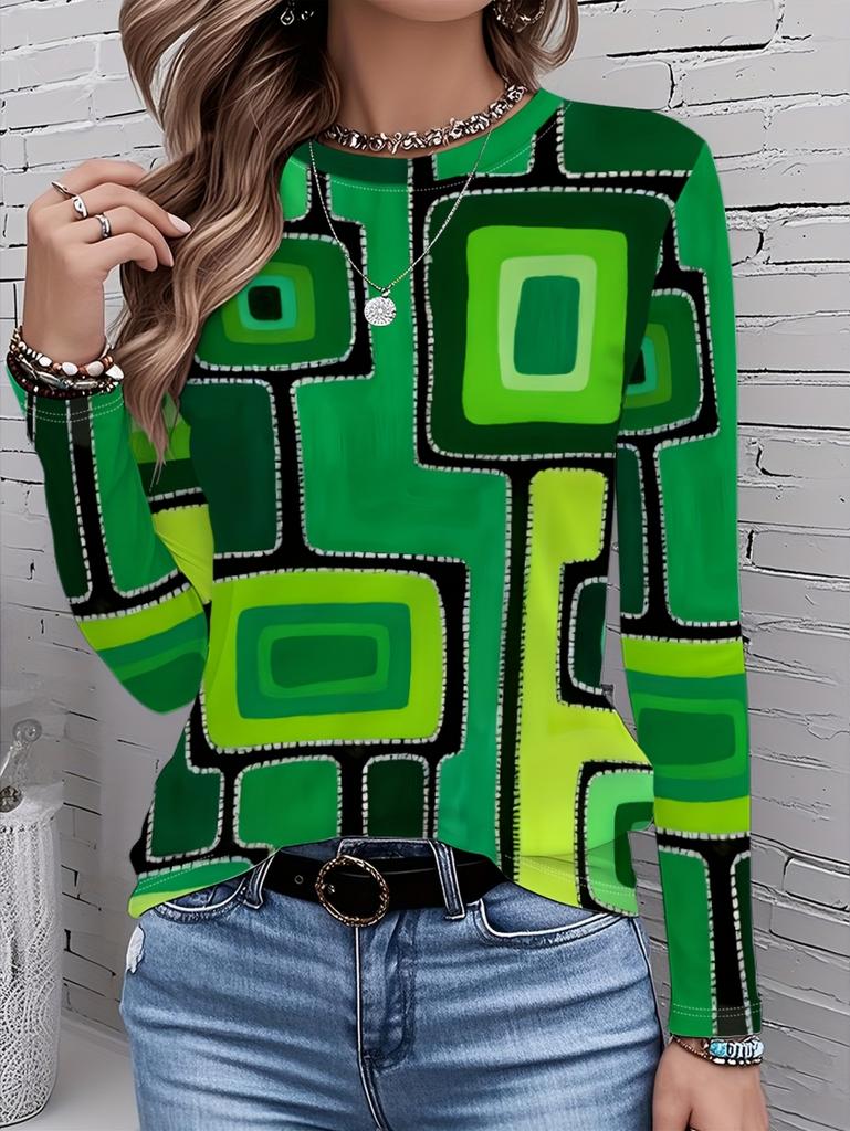 Fashion Women's Long Sleeve T-Shirts Geometric Splice 3D Printed Round Neck Fall Spring Tops Tees Oversized Women's Clothing
