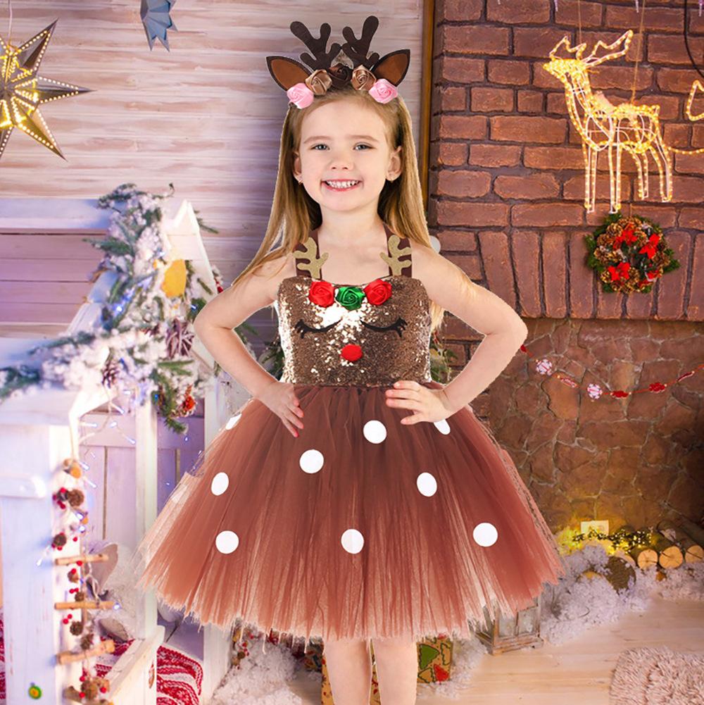 Brown Sequin Deer Costumes for Girls Christmas Princess Dresses Kids Reindeer Cosplay Outfit Children New Year Clothes Xmas Gift
