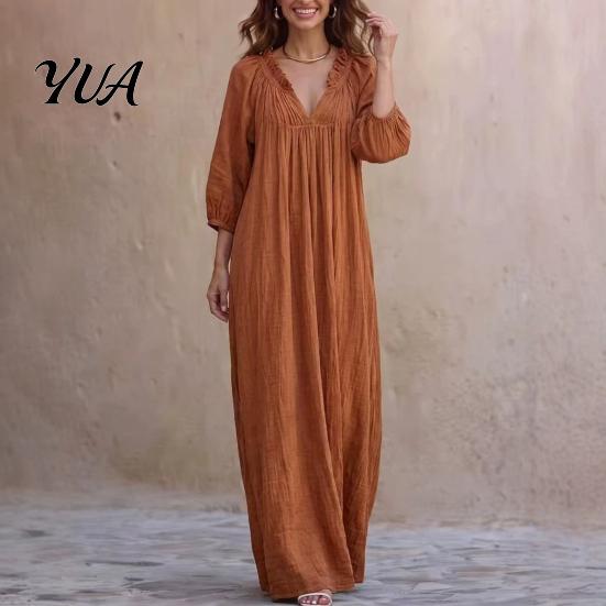 Spring Autumn Dresses Bohemian Ruffle V-Neck Long Dress, 3/4 Sleeves Maxi Dress for Comfortable Women Women, Solid Color Casual Loose Fall
