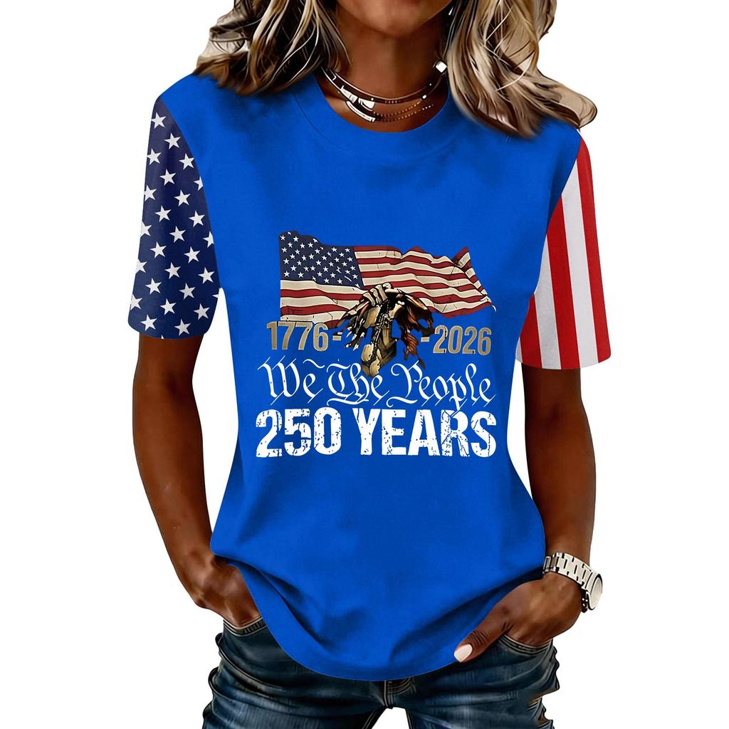 Blusa Feminina da Moda Casual de Manga Curta com Estampa e Gola Redonda