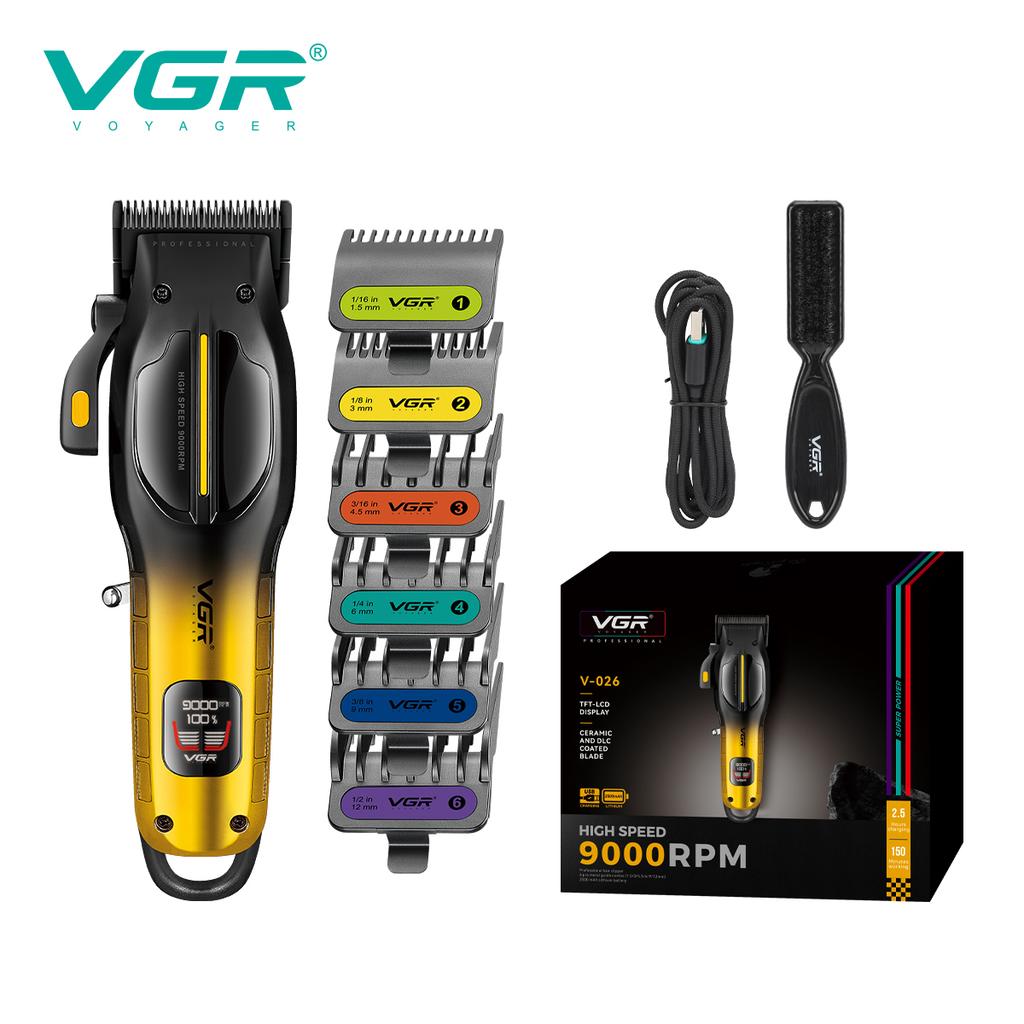 New VGR High-end Professional Hair Clipper Gradient Metal Body Oil Head Clipper Hair Trimmer 9000 RPM LCD Digital Display Electric Push Shear V-026