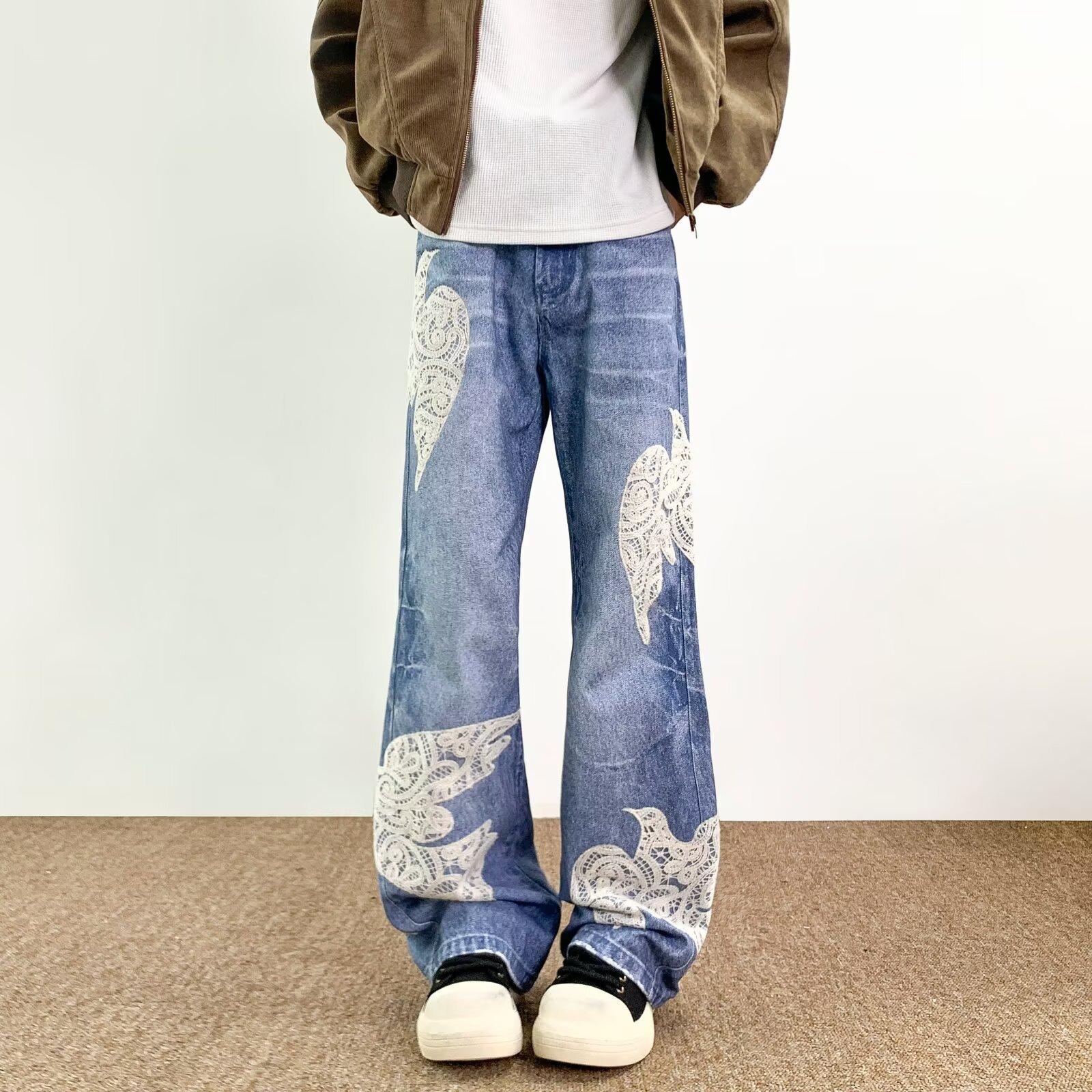JYL Unisex Straight Jeans Plus-Size American Lace Patch Slim Casual Denim XXL бездна