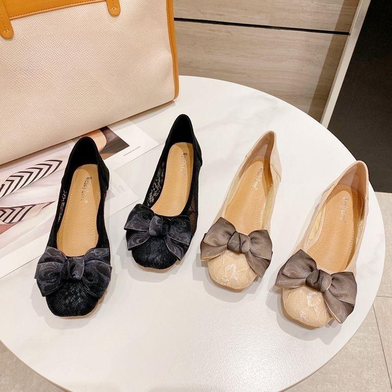 Mesh Shoes for Women Black Square Toe with Bow Woman Flats Trends 2025 Original Deals Aesthetic Light Korean Walking New In 39