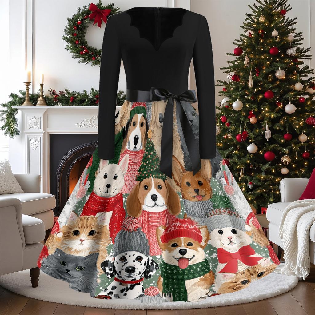 Women's Vintage V-Neck Long Sleeve Christmas Print Casual Dress