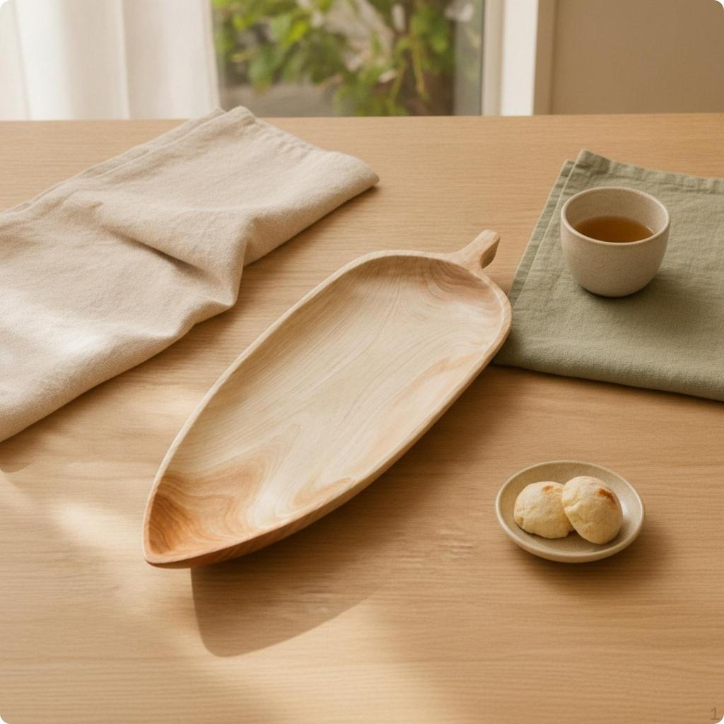 LeafShaped Tray Elongated with Handle Wood Wooden Serving Platter for Tabletop Display, Tea