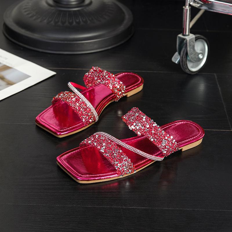 2026 Stylish European & American Silver Rhinestone Square Toe Flat Slides - Versatile Women's Summer Sandals
