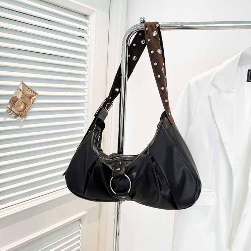 PU Leather Wide Strap Rivet Crossbody Bag Retro American Style Y2K Shoulder Bag  Travel