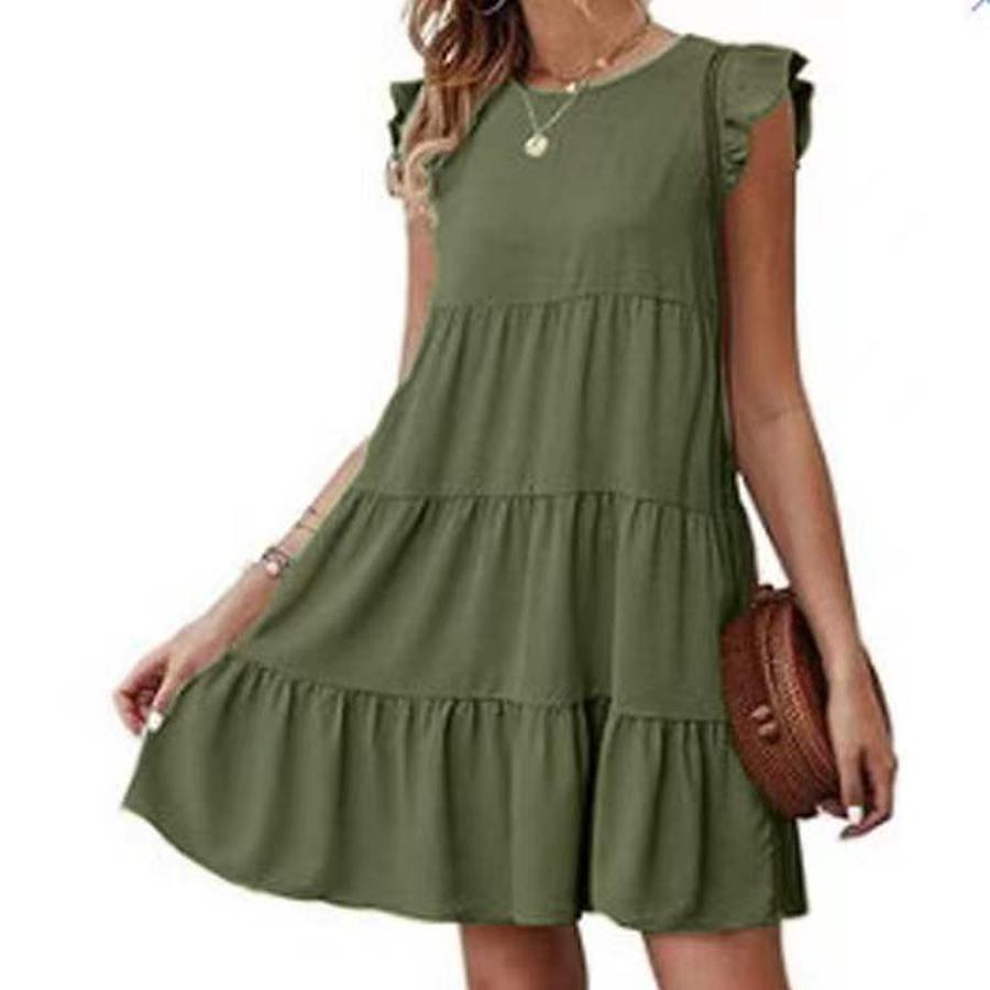 New Summer Solid Color Crew Neck Short Sleeve Dress Casual Ruffled High-Waisted Swing Dress