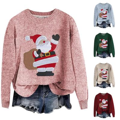 Moda feminina casual manga comprida estampa de natal gola lã malha pulôver top
