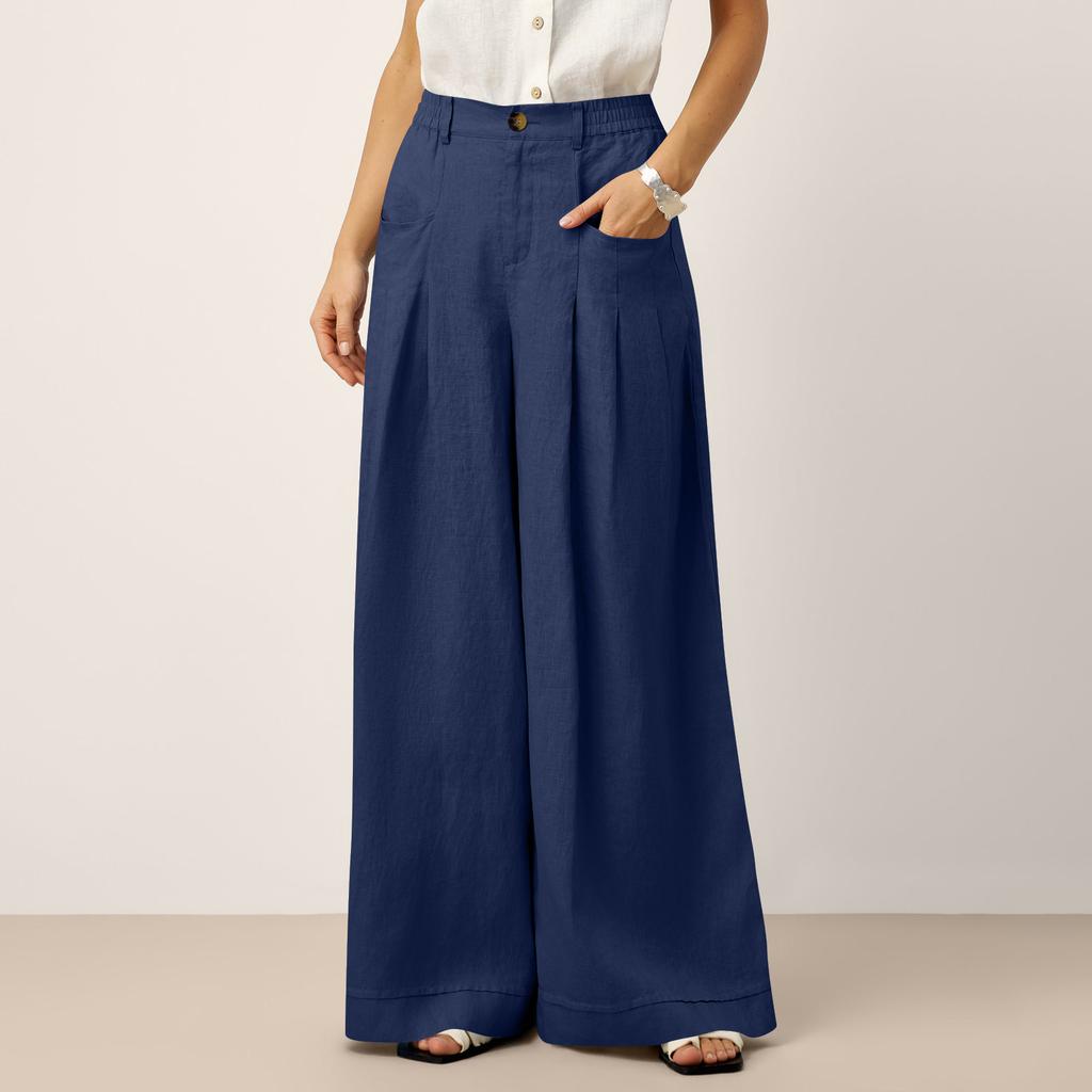 Women Wide Leg Trousers High Waist Pleated Loose Fit Pants with Pockets Button and Zip Closure for Office Casual Wear