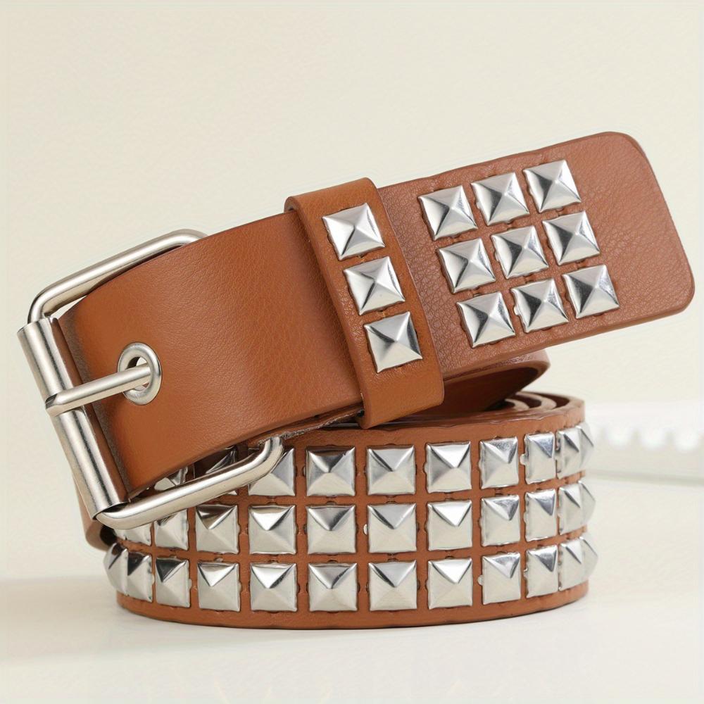 Black Rivet Punk Style Belt with Bright Metal Pyramid Decoration, Suitable for Men and Women