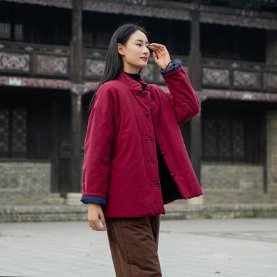 Winter Retro Chinese Cotton-Linen Women’s Coat - Solid Color, Stand Collar, Frog Button, Thickened Warm Jacket