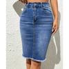Women's High Waist Denim Midi Skirt Stretch Frayed Raw Hem Bodycon Pencil Jean Skirt Casual Daily Wear