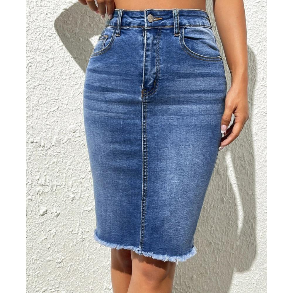 Women's High Waist Denim Midi Skirt Stretch Frayed Raw Hem Bodycon Pencil Jean Skirt Casual Daily Wear