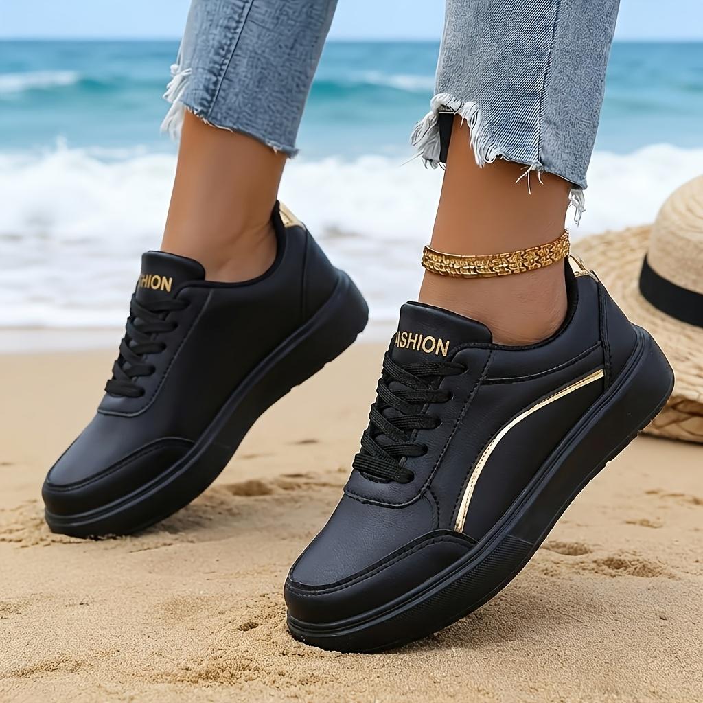 Women Gold Line Platform Skate Shoes 2026 New Fashion Lace Up White Black Casual Sneakers Ladies Soft Leather Lightweight Non Slip Walking